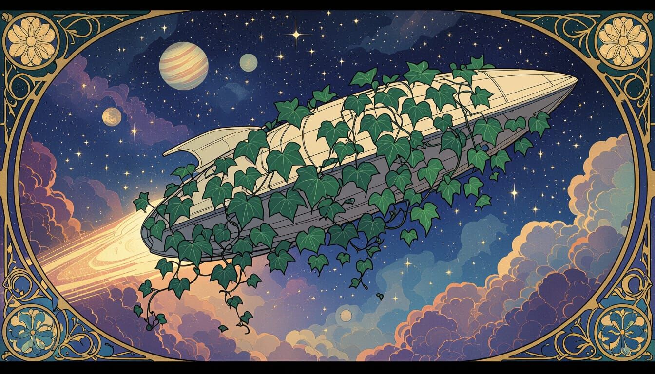 Cosmic Ivy-Wrapped Spaceship in Art Nouveau Style