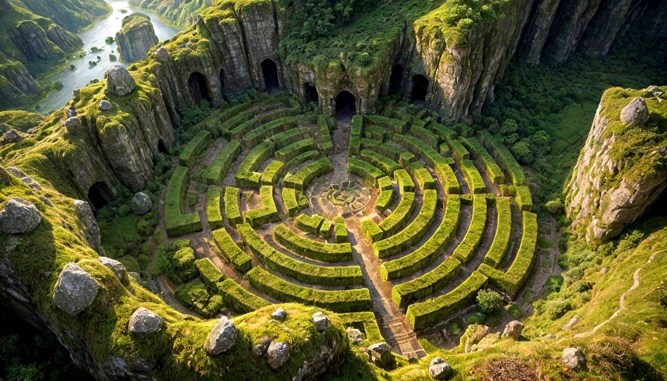 Aerial View of a Mossy Stone Labyrinth