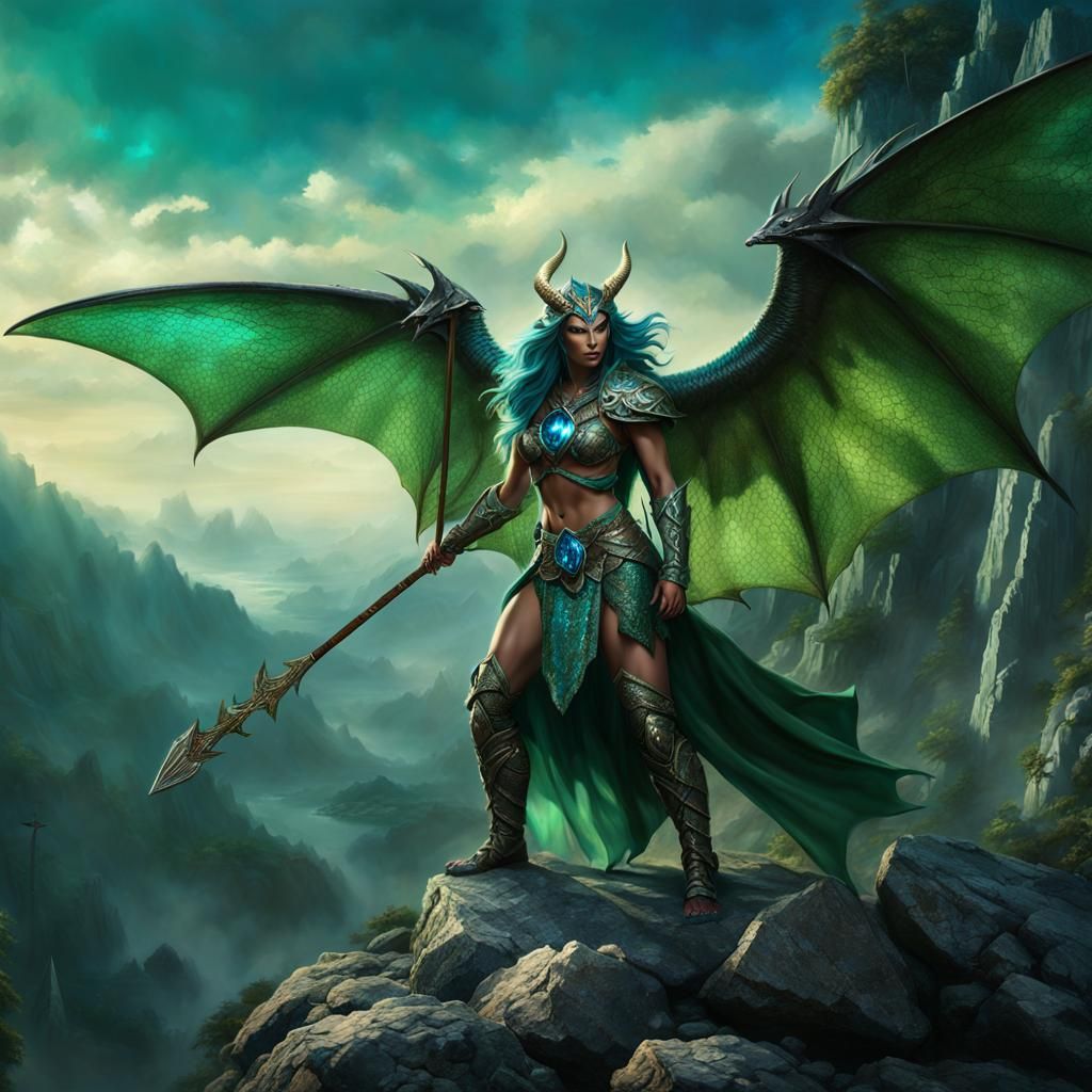 Detailed Dragonborn Female with Green Scales and Gem Staff