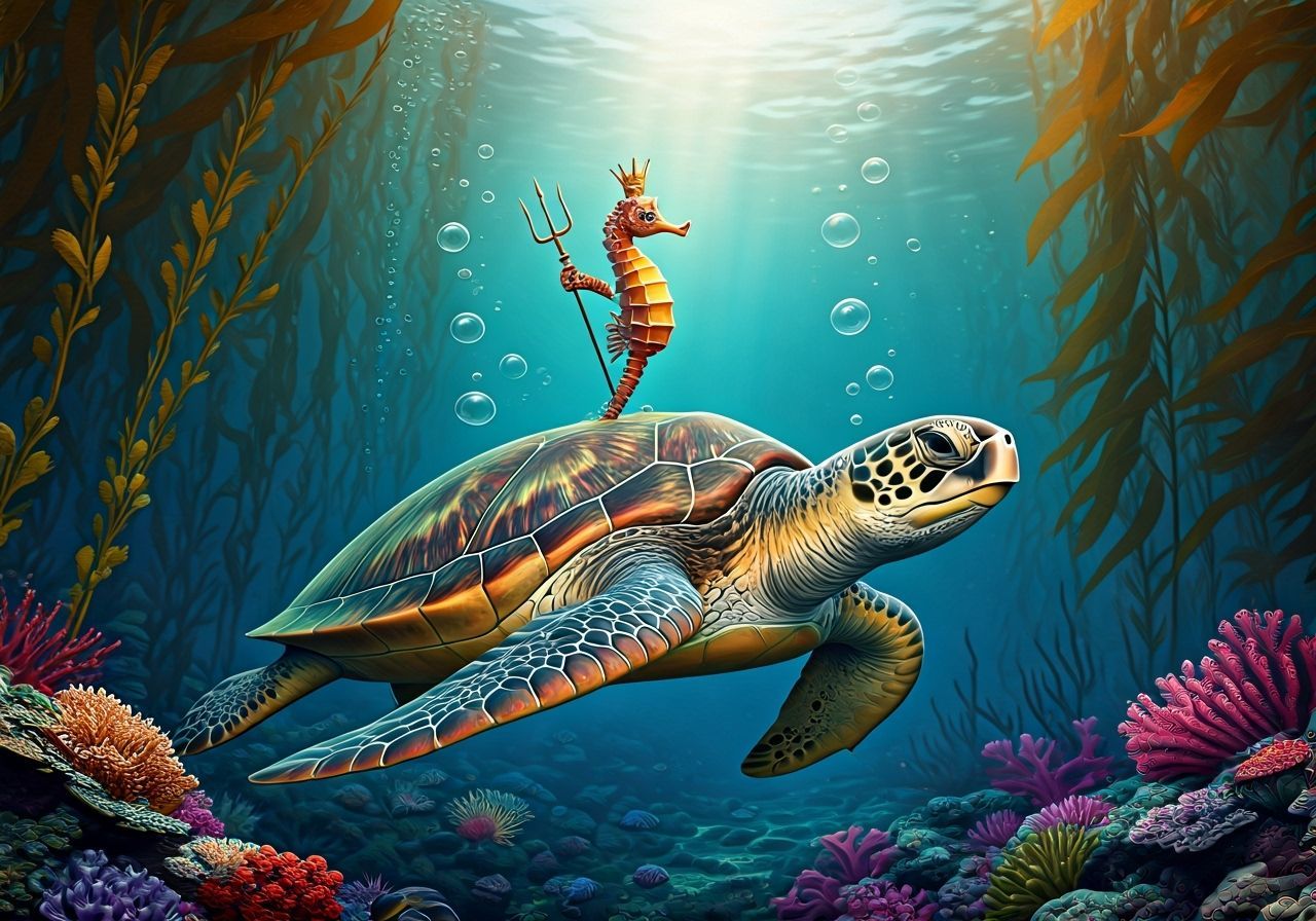 Seahorse King Riding Turtle Through Kelp Forest