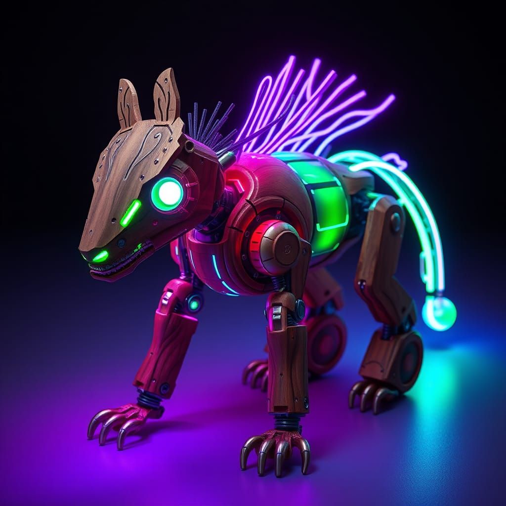 Neon Glowing Robotic Animal Hybrid Made of Wood