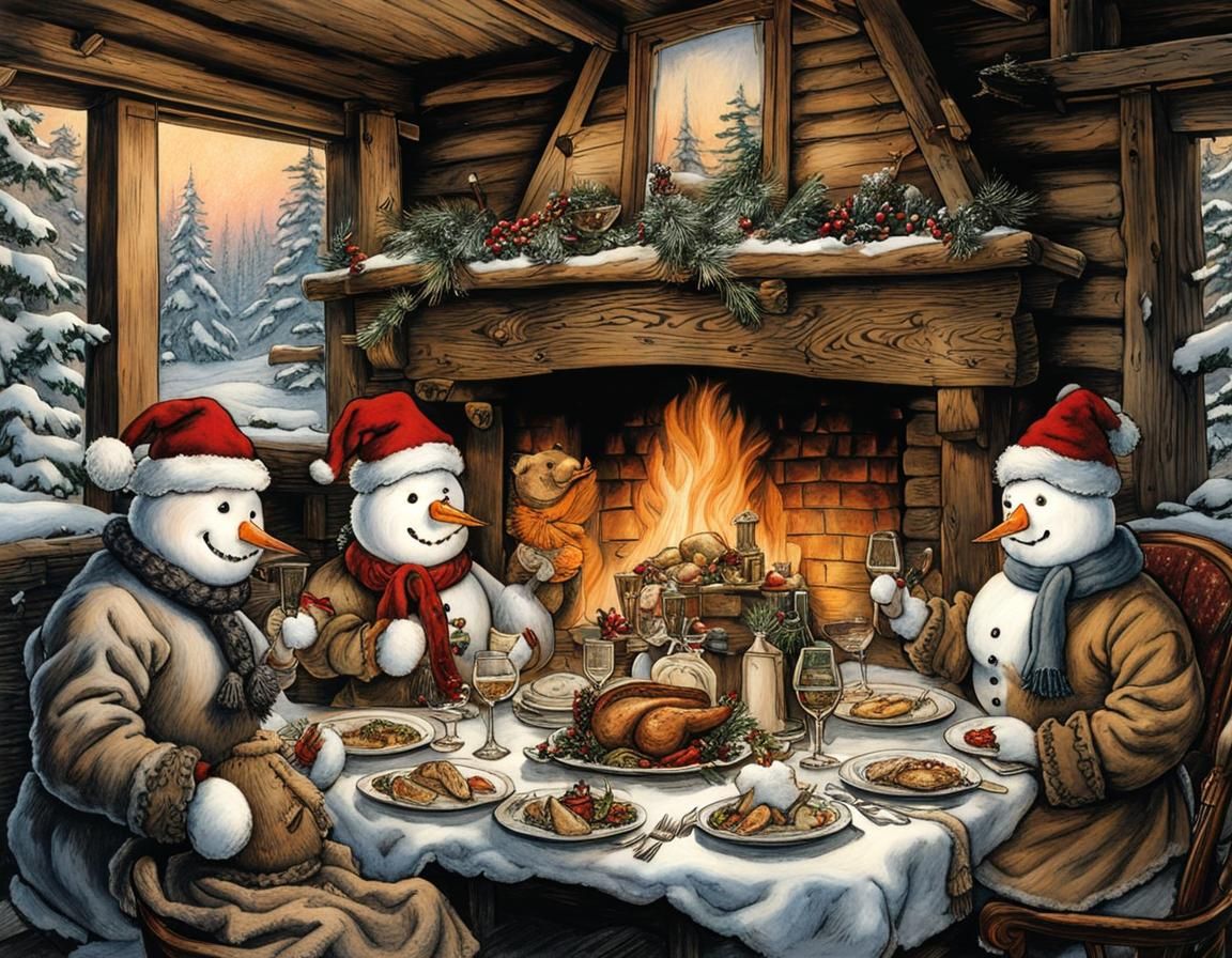 Snowmen eating Christmas dinner