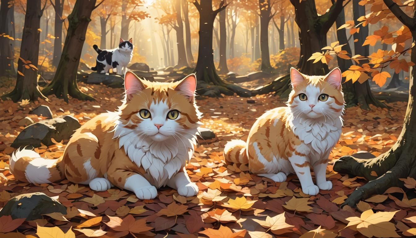 Cats in Autumn Leaves: Whimsical 3D Anime Art