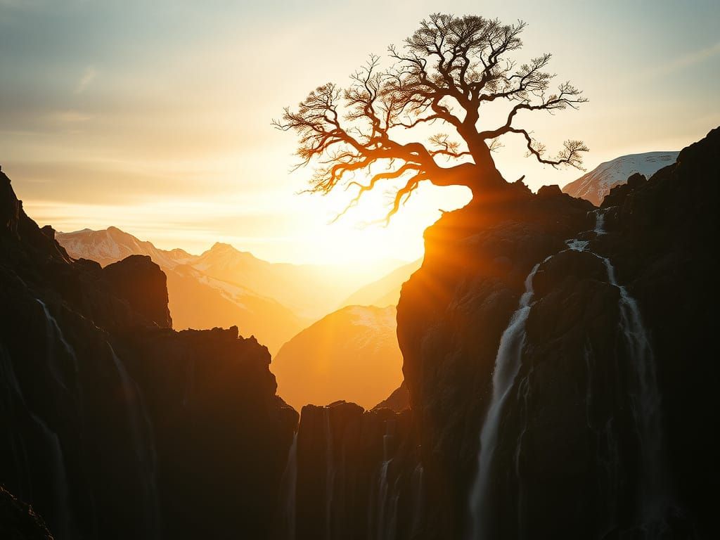 Epic Tree-Laden Mountain Landscape in Golden Sunrise