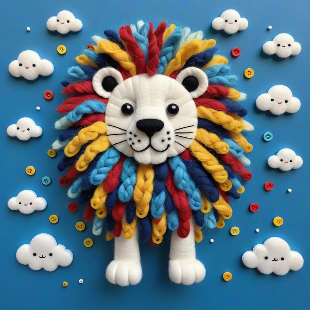 Whimsical Felt Lion in a Blue Sky