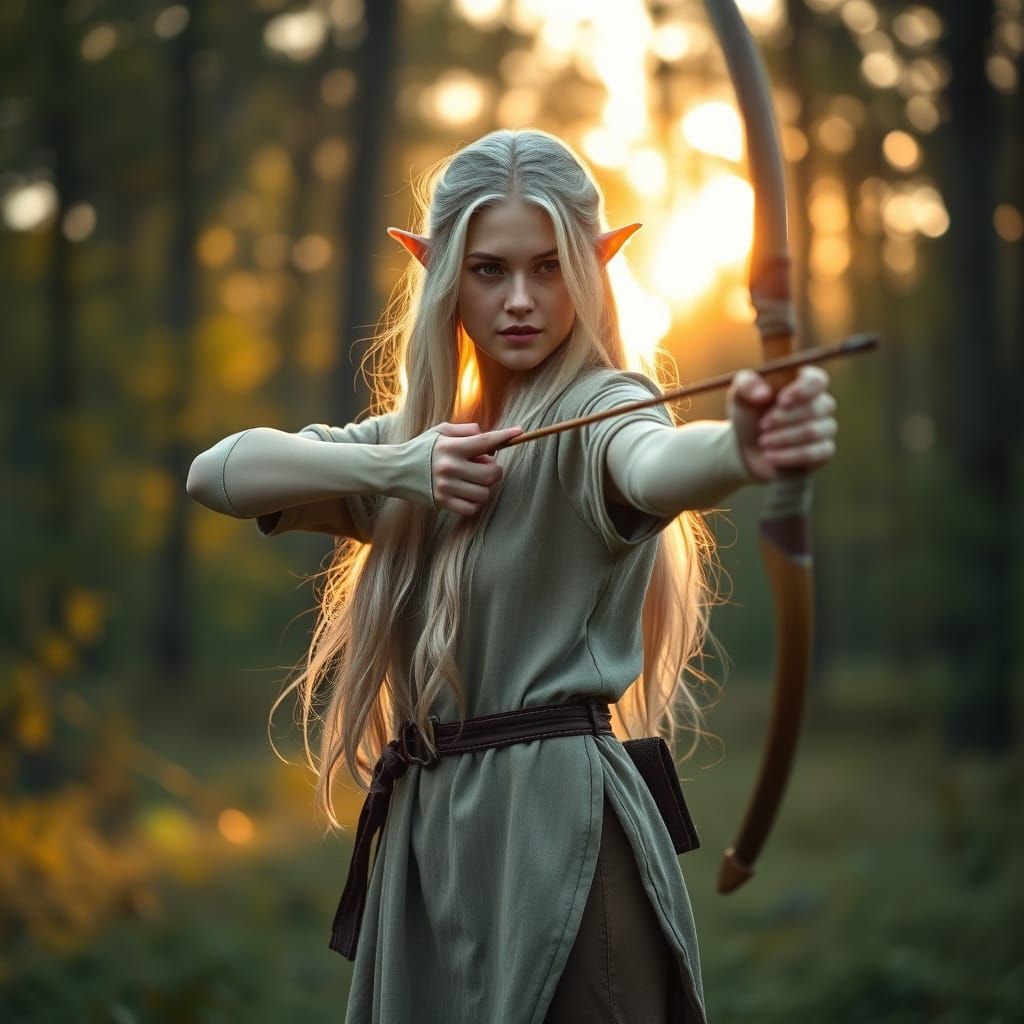 Elf Archer in Forest Clearing at Sunrise