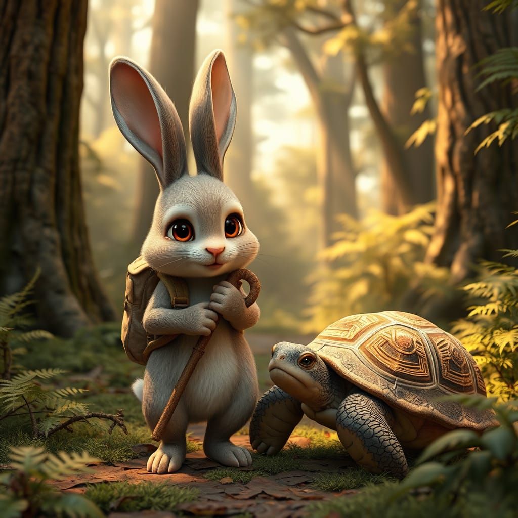 Gentle Rabbit Assists Elderly Turtle in Vibrant Forest