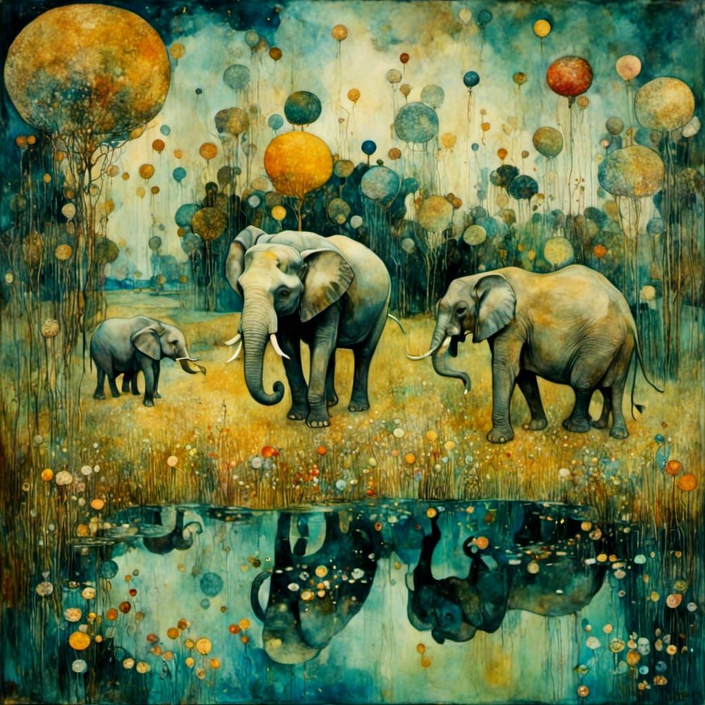 Colorful Surrealist Elephant Herd in Watercolor Style
