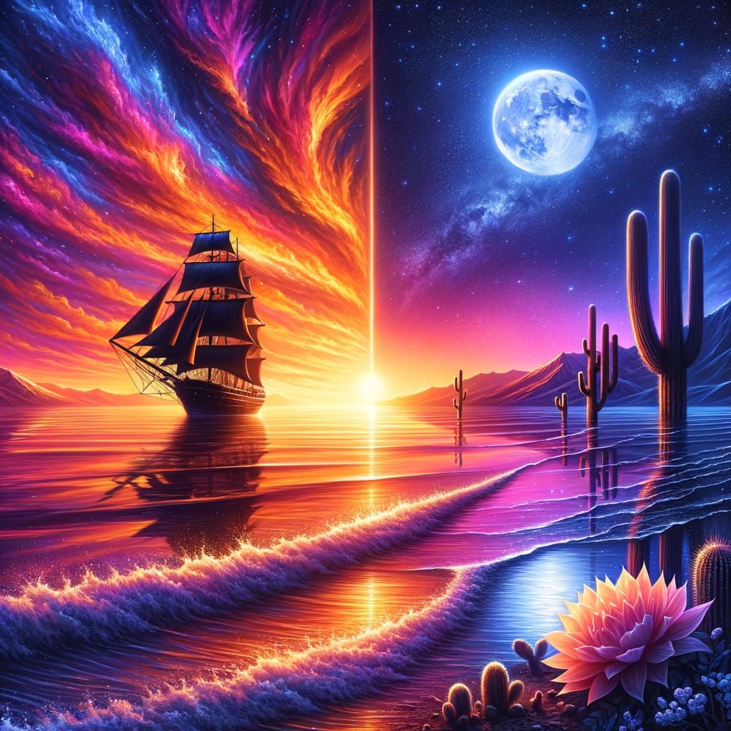 Mesmerizing Desert and Sea Split-Image Scenery