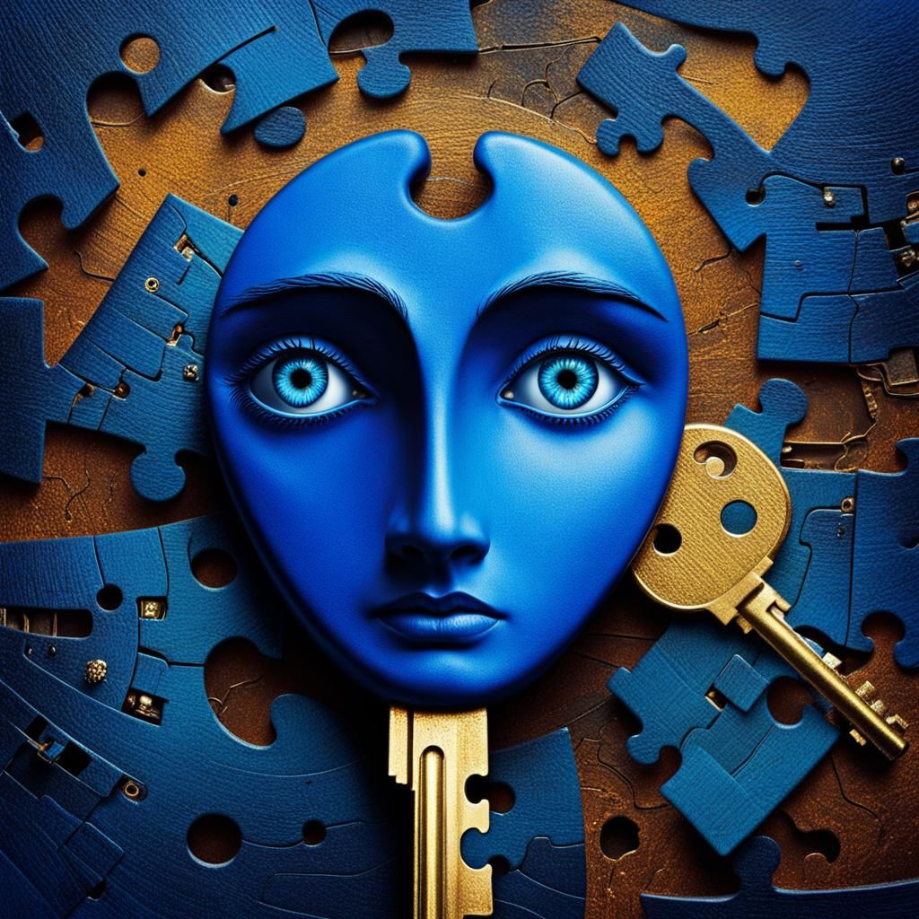 Surreal Keys with Blue Eyes in Dreamlike Style