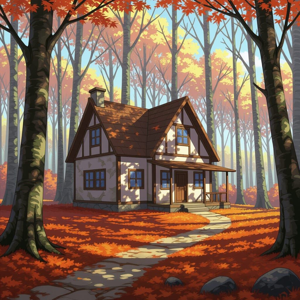 Anime Cottage in Autumn Woods