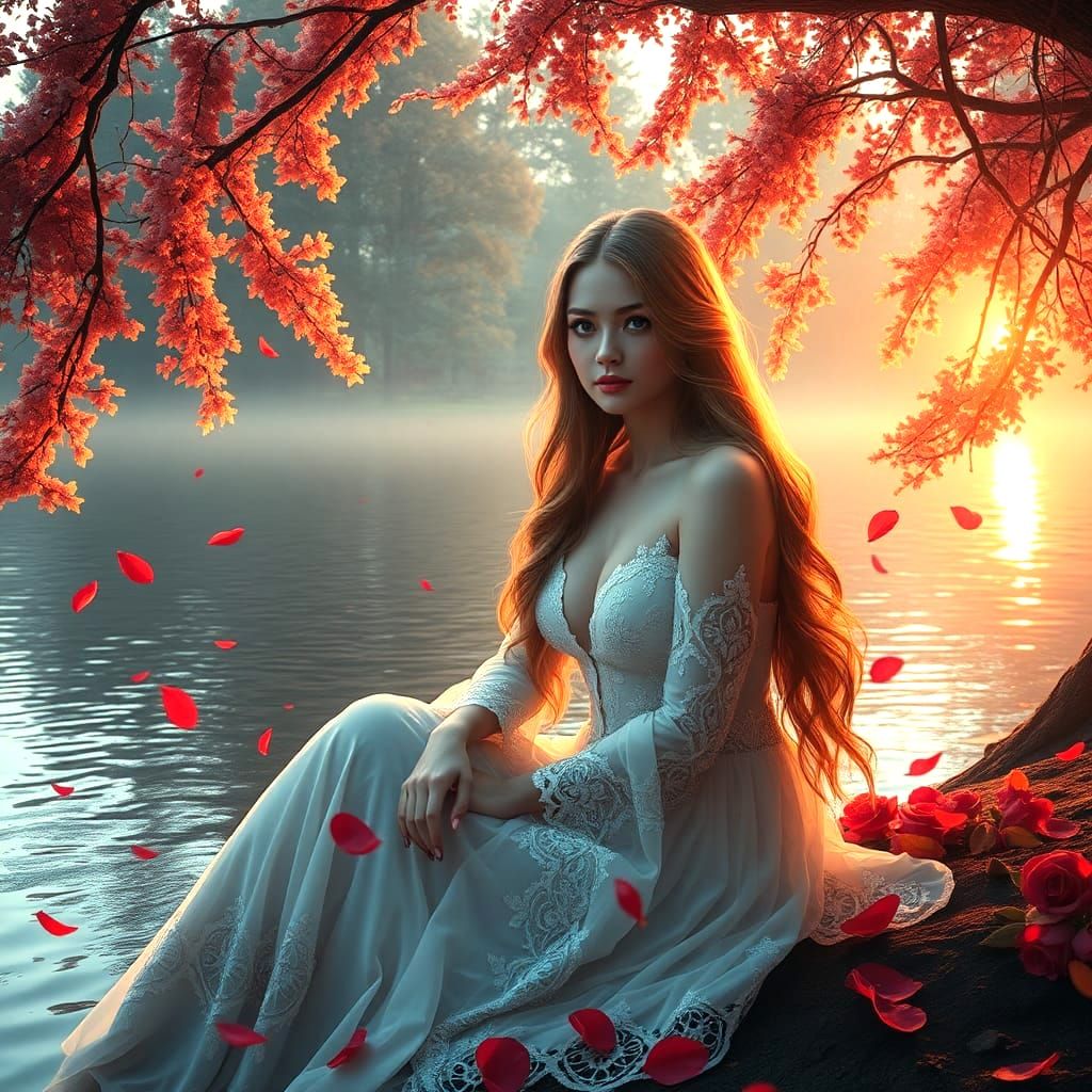 Ocean Lake with Rose Petals in Fantasy Art