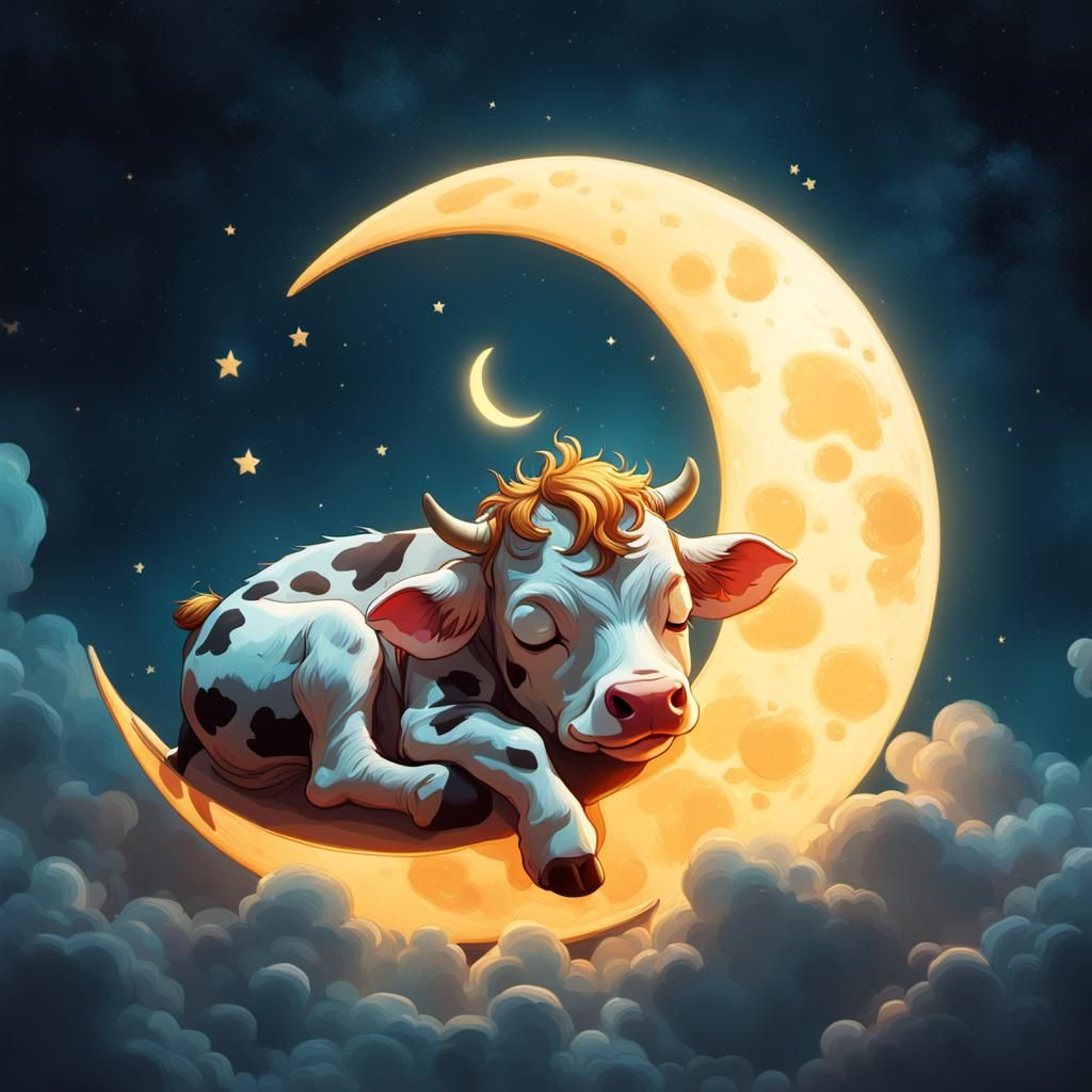 Cute Calf Sleeps on the Moon: Digital Concept Art