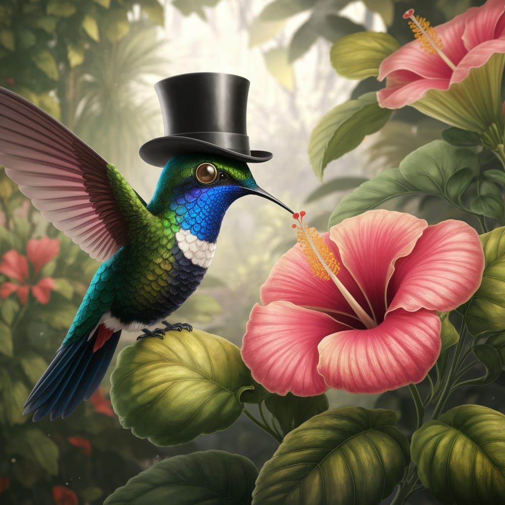 Vintage-Style Hummingbird in Tropical Garden, Whimsical Bota...