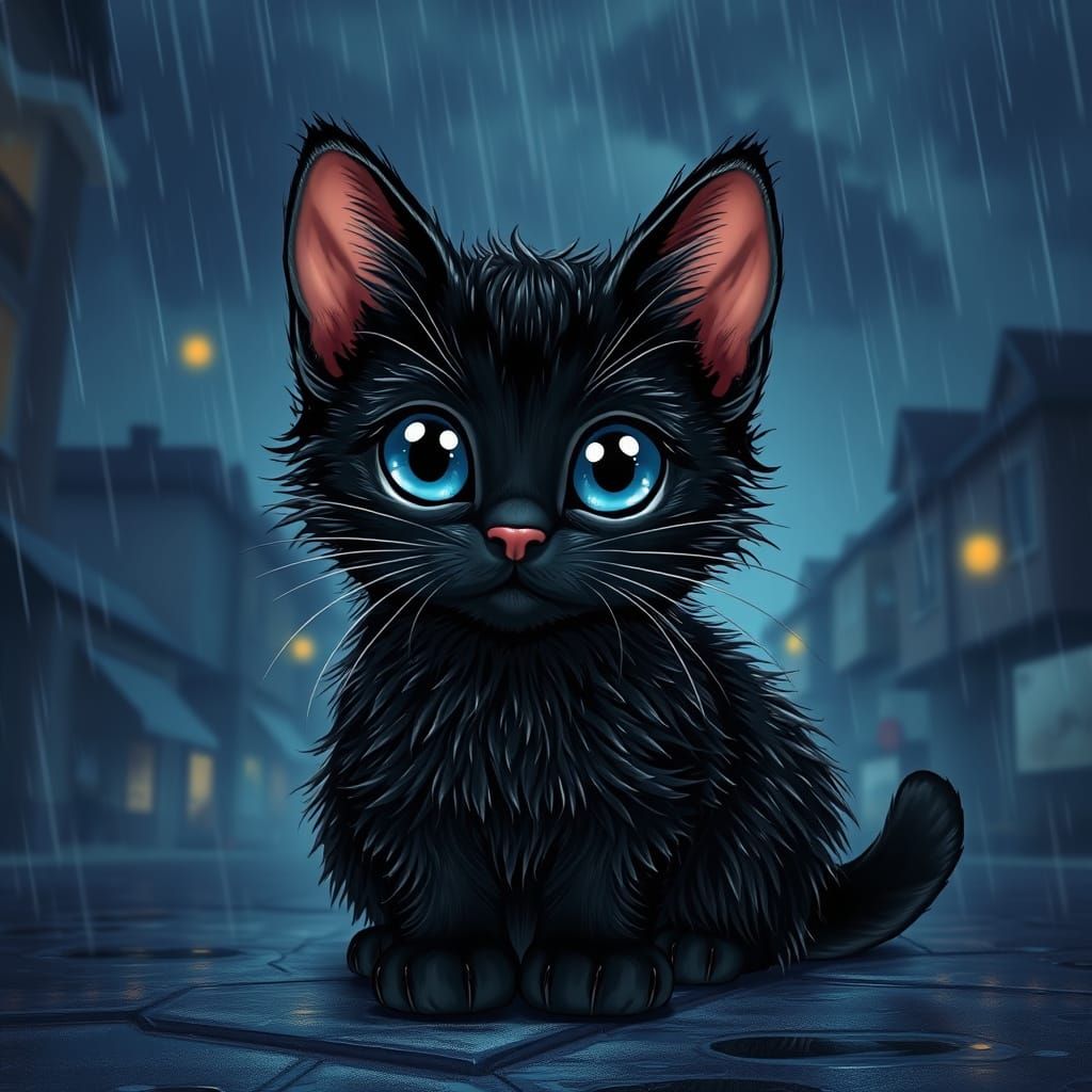 Rainy Night Cat Portrait in Hyperrealism