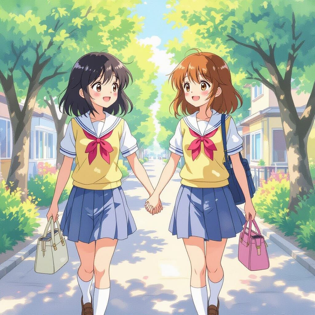 Anime Girls in Pastel Uniforms Holding Hands