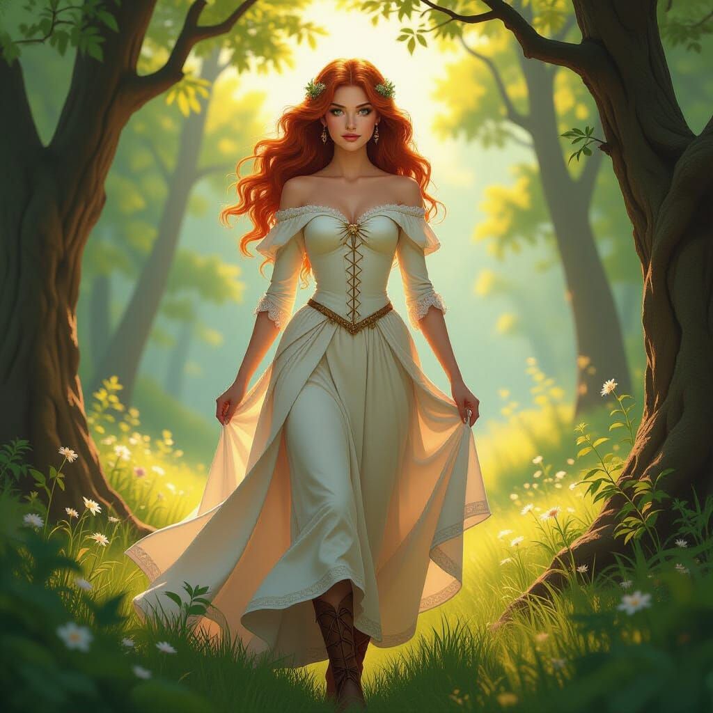 Regal Woman in Sunlit Forest, Fantasy Art Style