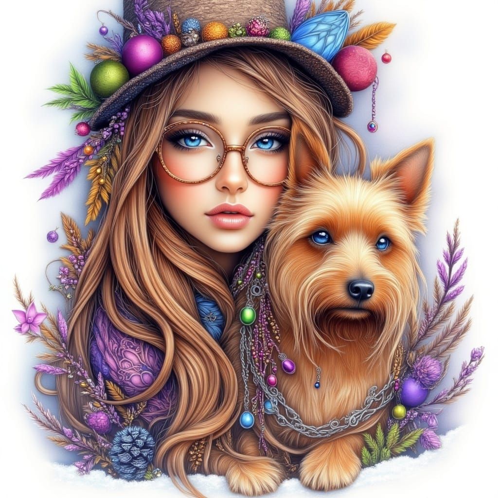Watercolor Girl with Yorkshire Terrier in Winter Hat