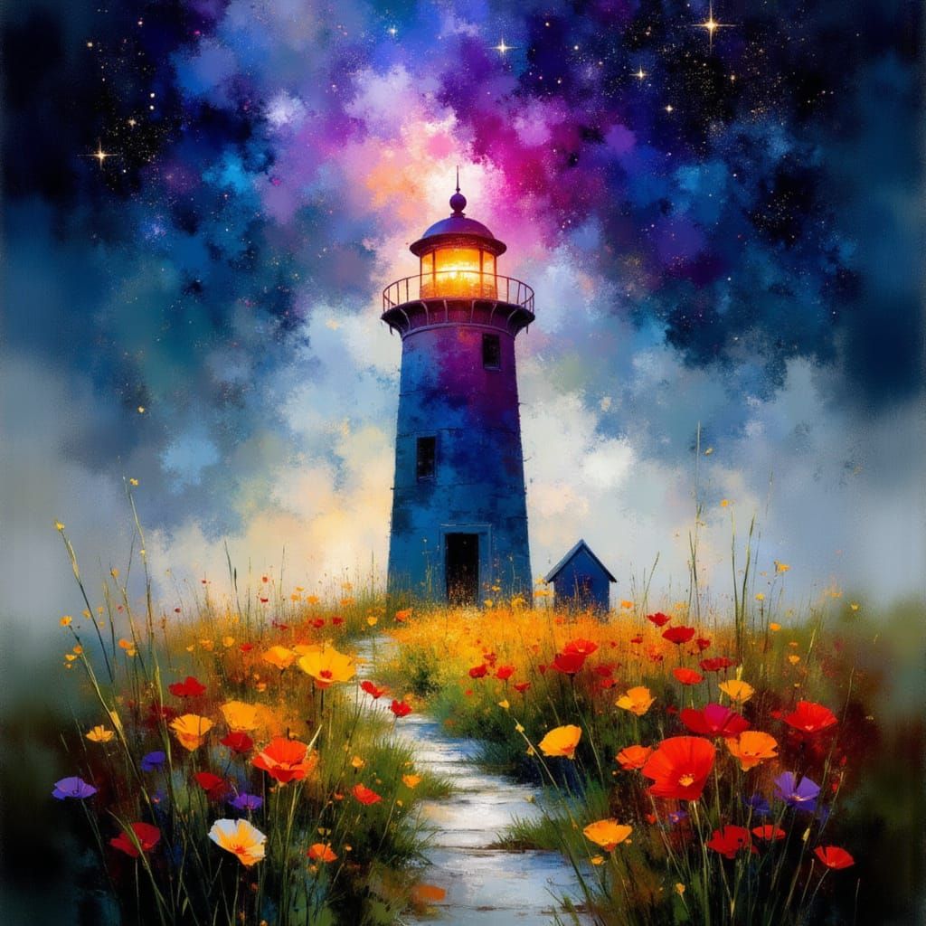 Lighthouse Silhouette with Nebula in Watercolor Style