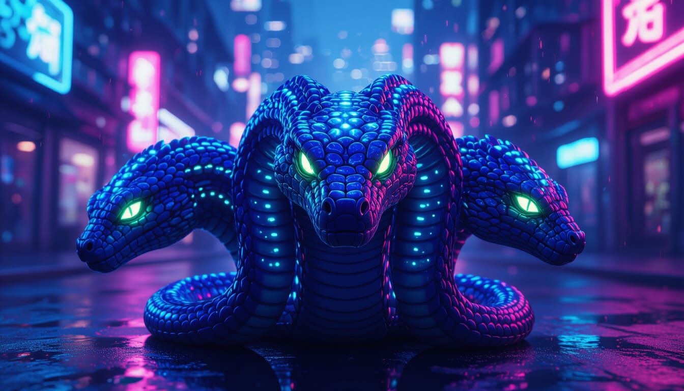Futuristic Hydra with Bioluminescent Heads in Cyberpunk City