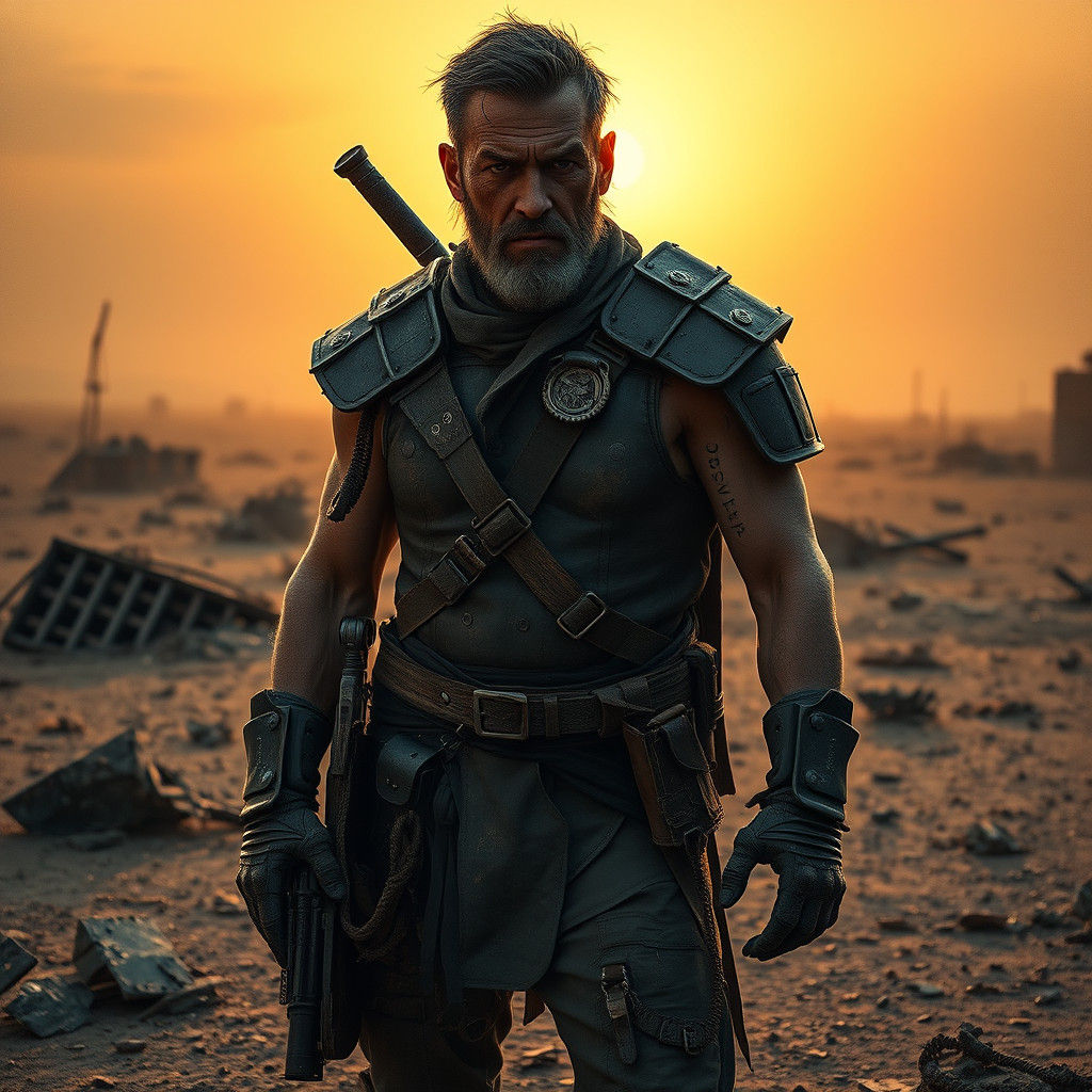 A grizzled post-apocalyptic warrior, clad in battered armor, scarred and weathered, stands resolute amidst a desolate wa...