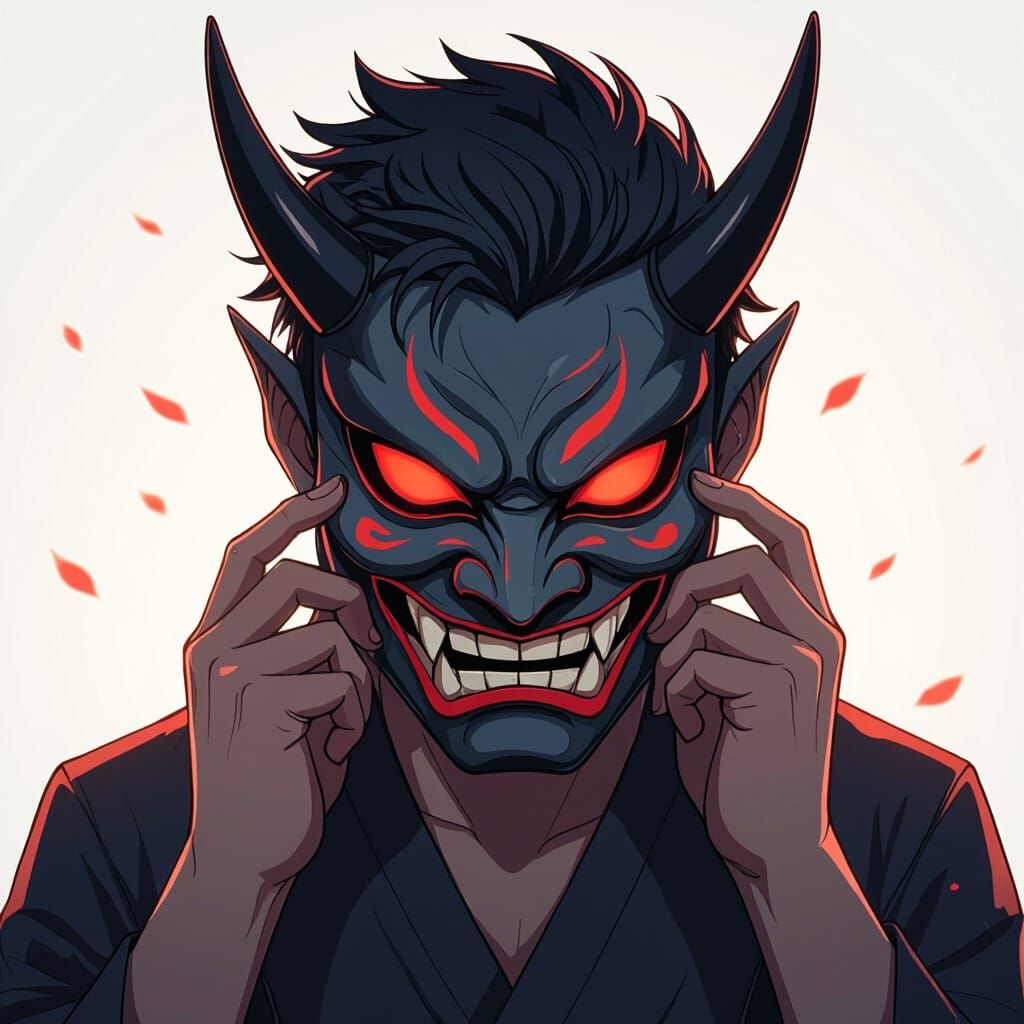 Man Holding Oni Mask in Anime Style