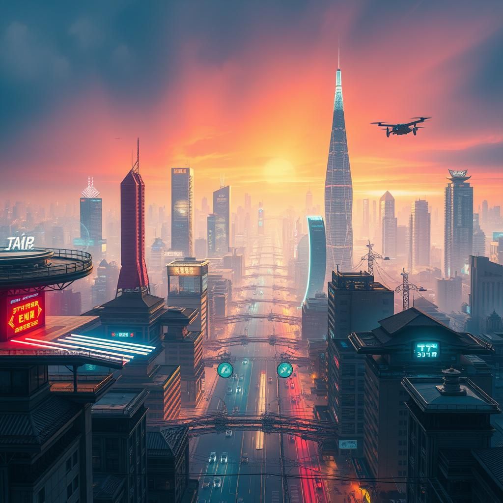 Neon Cyberpunk Cityscape with Flying Cars