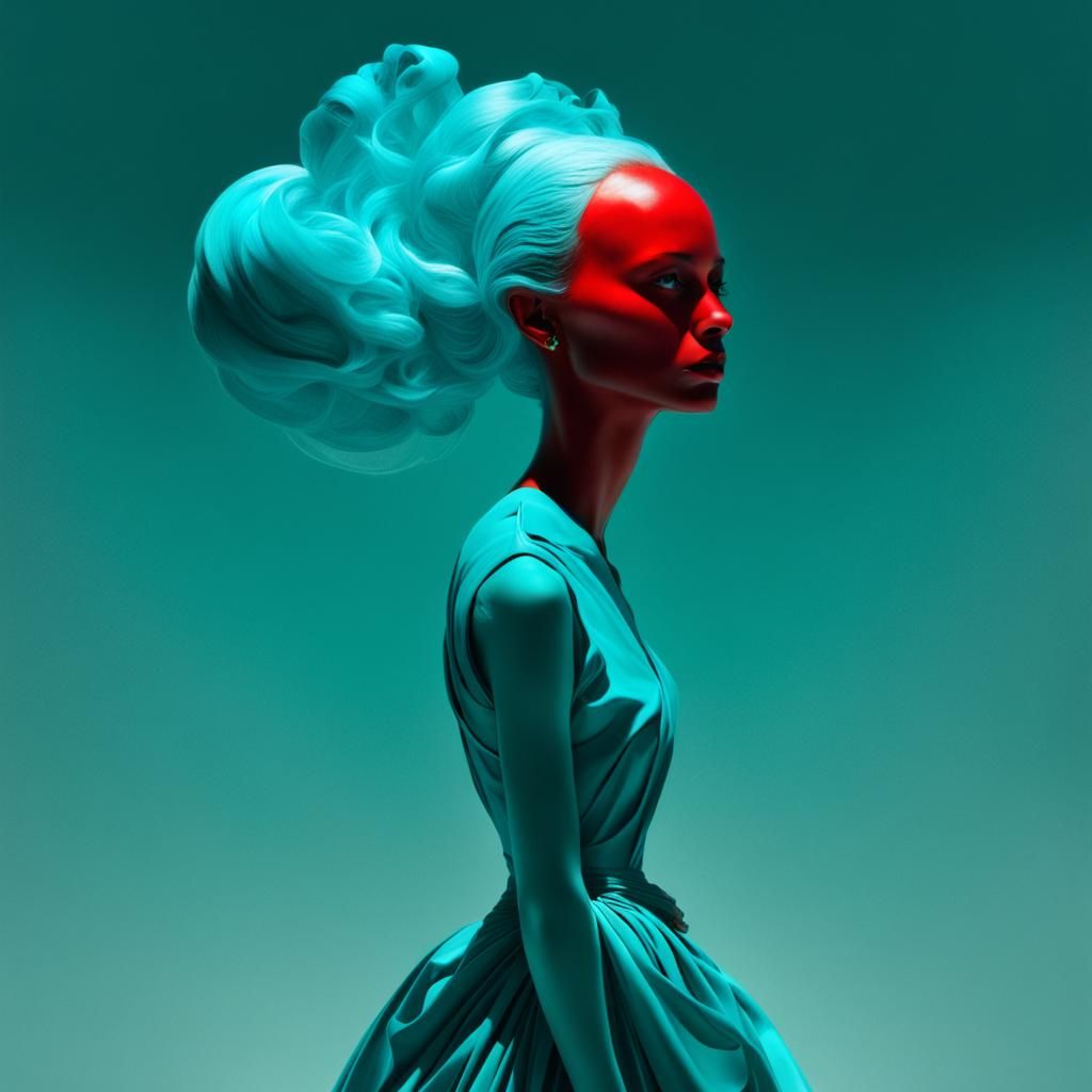 Vermillion and Cyan Goddess in Digital Art Style