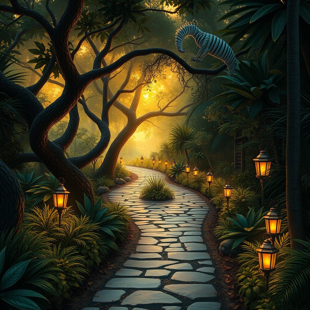 Whimsical Jungle Path in Warm Golden Light
