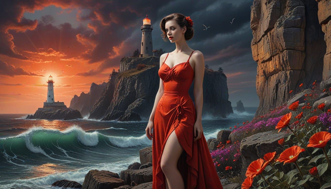 Surreal Sunset Landscape with Lighthouse and Vintage Pin-Up