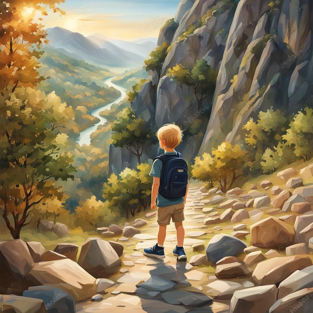 Detailed Portrait of Adorable Boy in Mountain Landscape