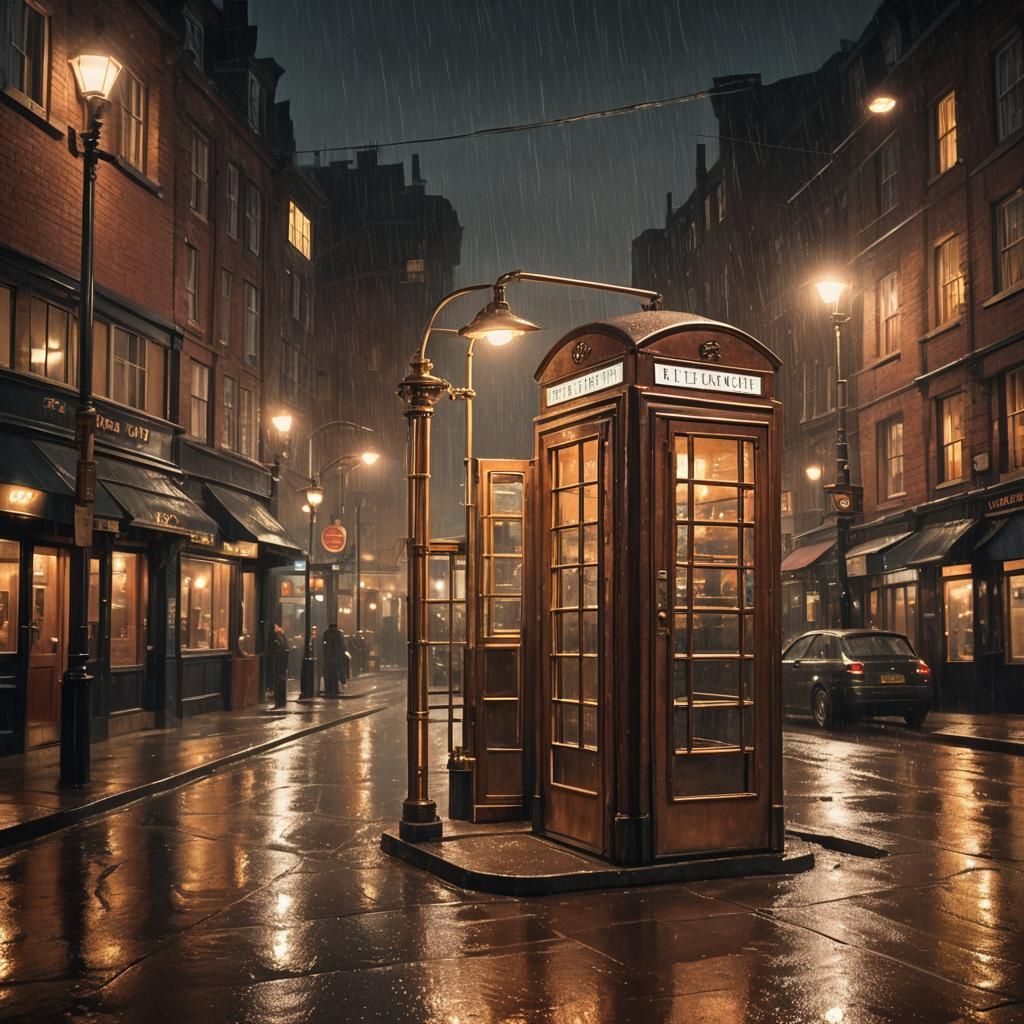 Steampunk Phone Booth on Rainy Night
