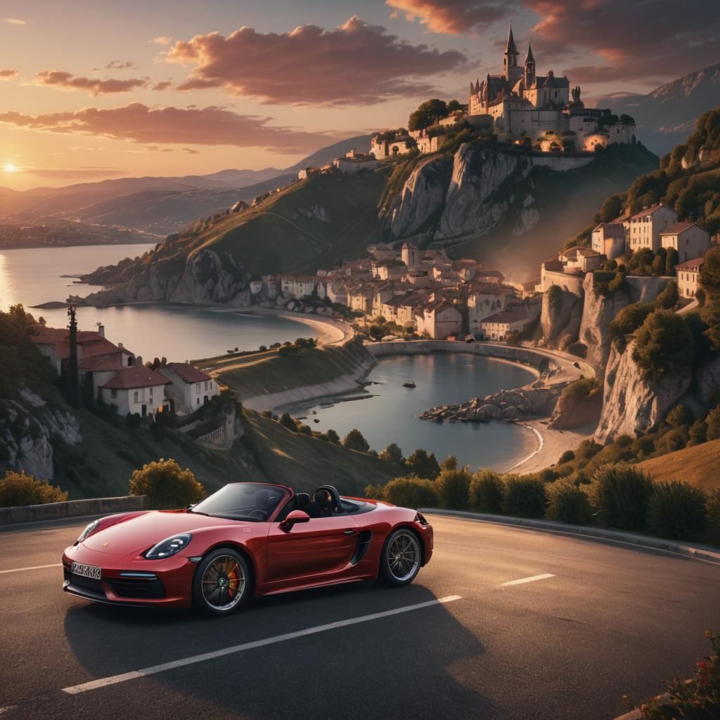 Red Porsche Spyder at Sunset in France