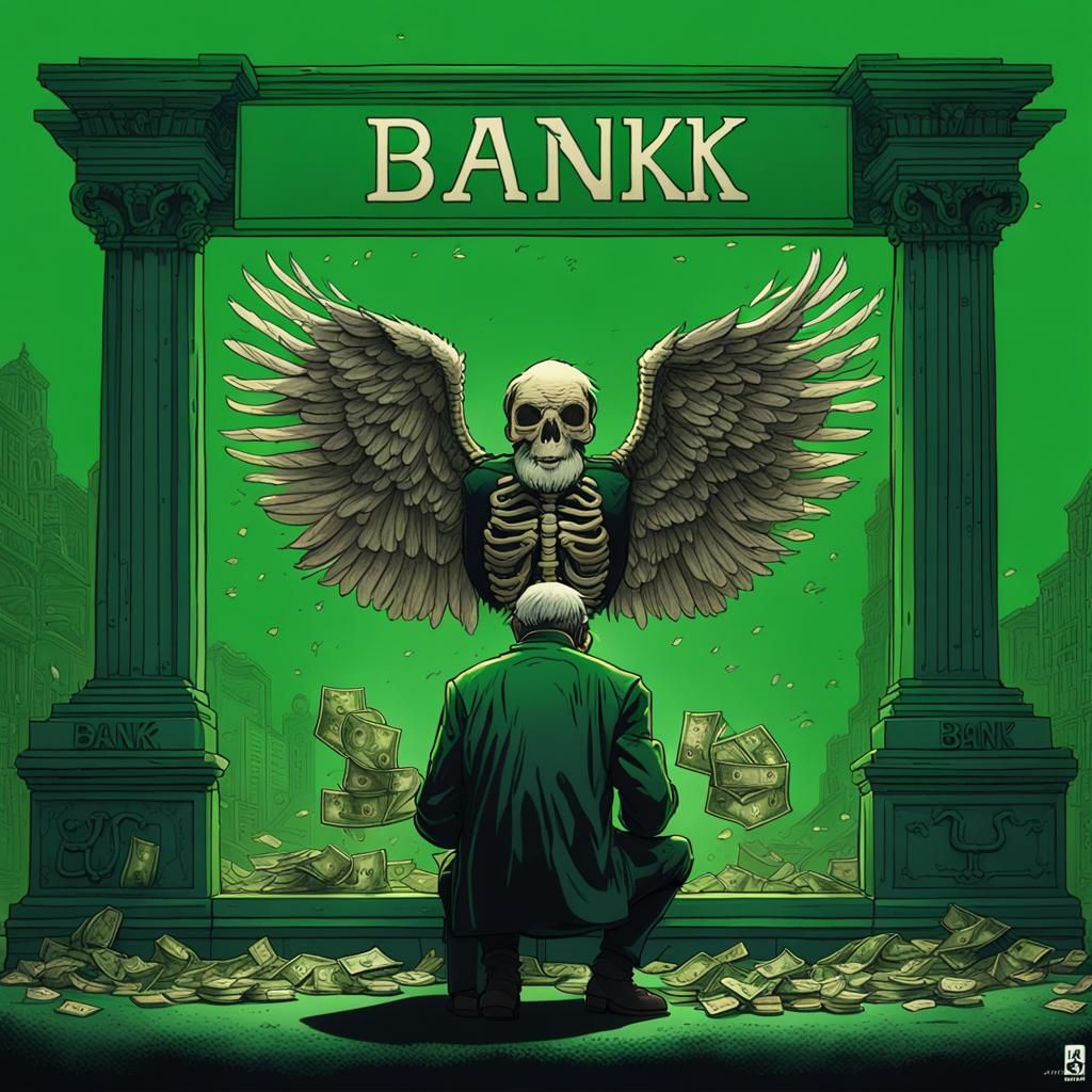 Dark Fantasy Bank Scene with Kneeling Man