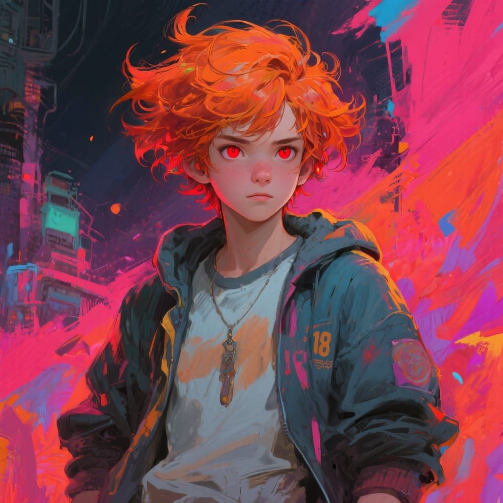 Fiery Haired Boy with Red Eyes in Digital Painting Style