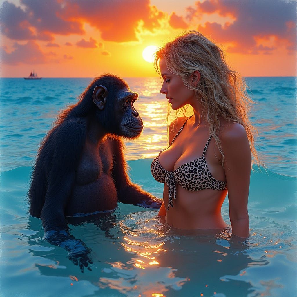 Woman and Chimp Converse on Azure Shoreline at Sunset