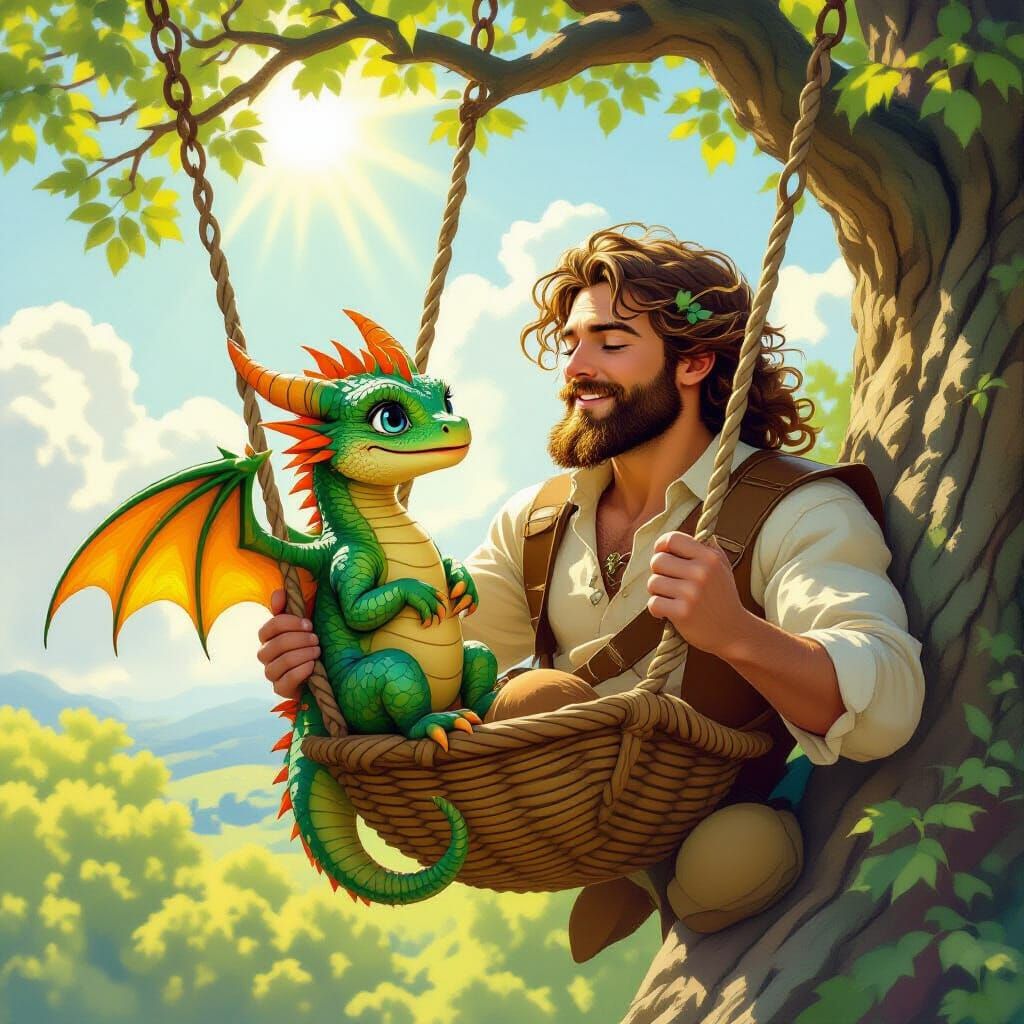 Cute Baby Dragon on Swing, Alphonse Mucha Style