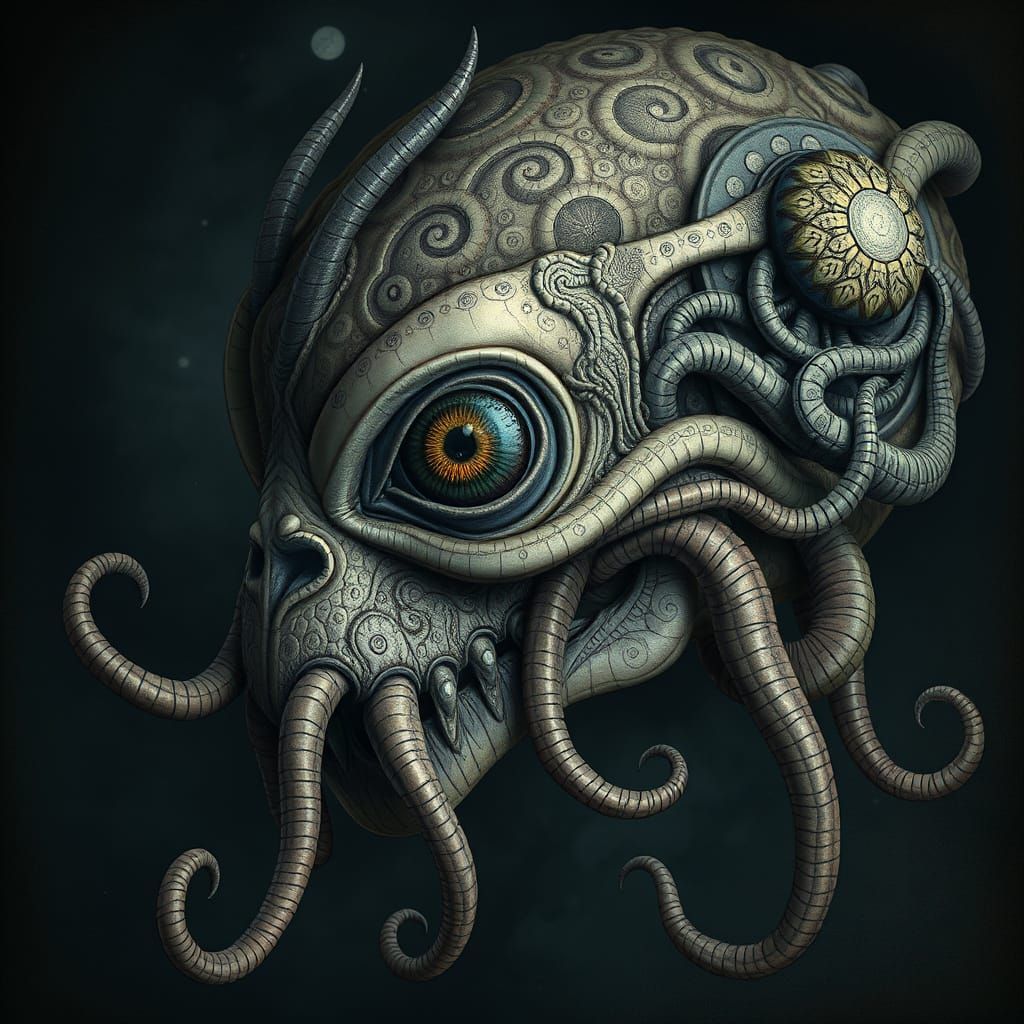Surreal Creature Head with Tentacles and Human Eye