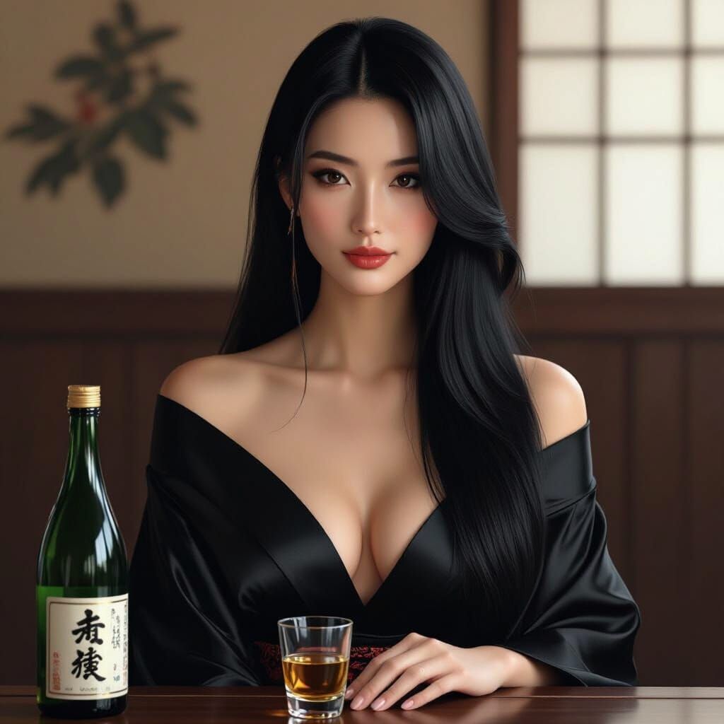 Glamorous Japanese Woman in Silk Kimono with Sake