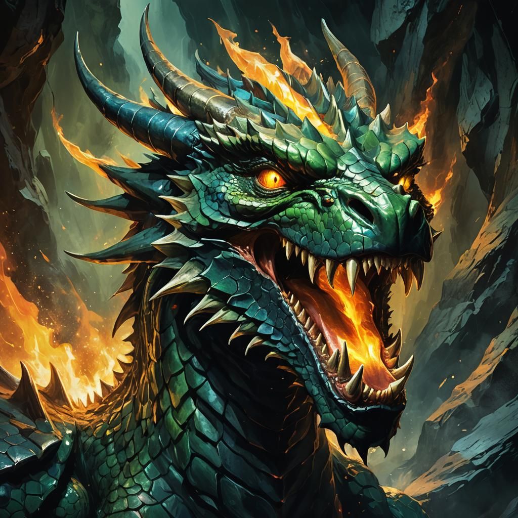 Green and Black Dragon Breathing Fire