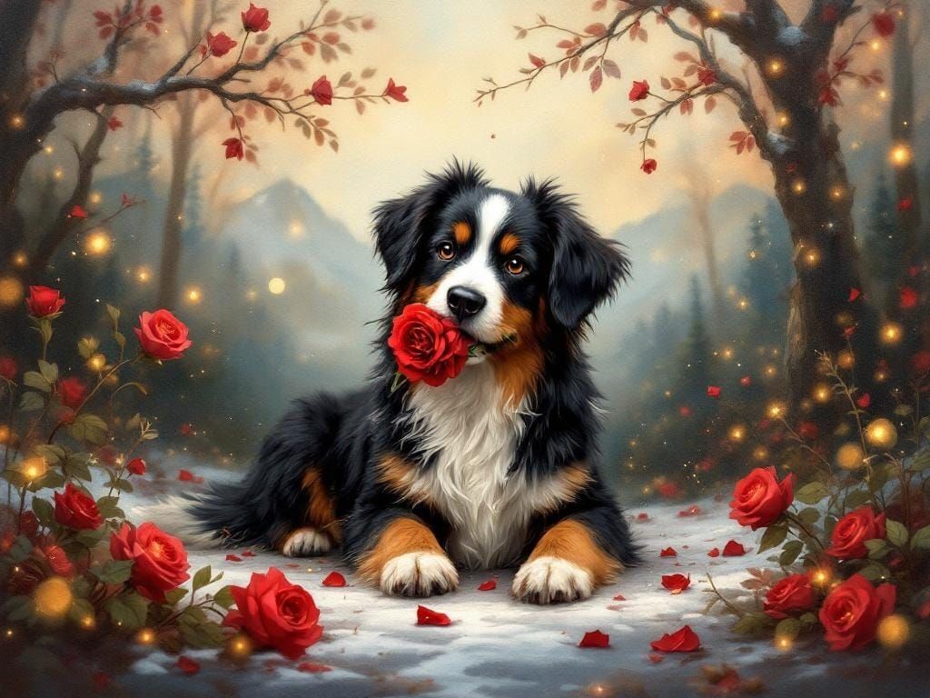 Bernese Mountain Dog with Rose, Oil Painting