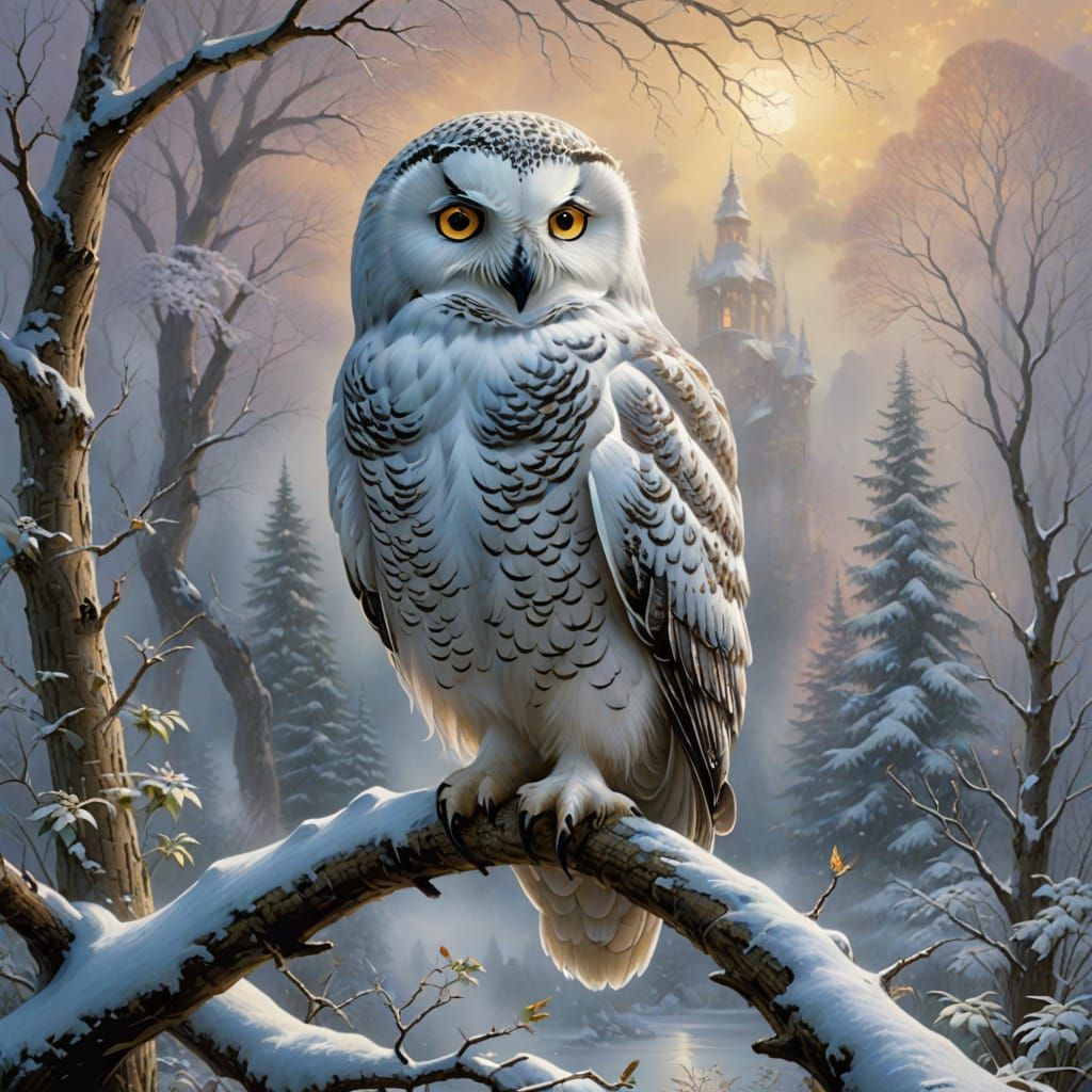 Ethereal Snow Owl Perches on Branch in Whimsical Winter Scen...
