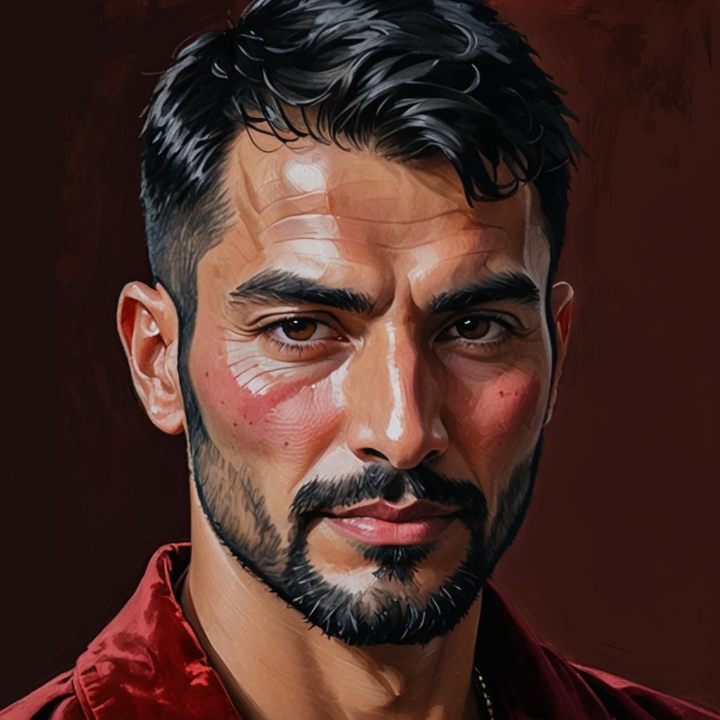 Carmine Red Velvet Portrait in Impressionist Style