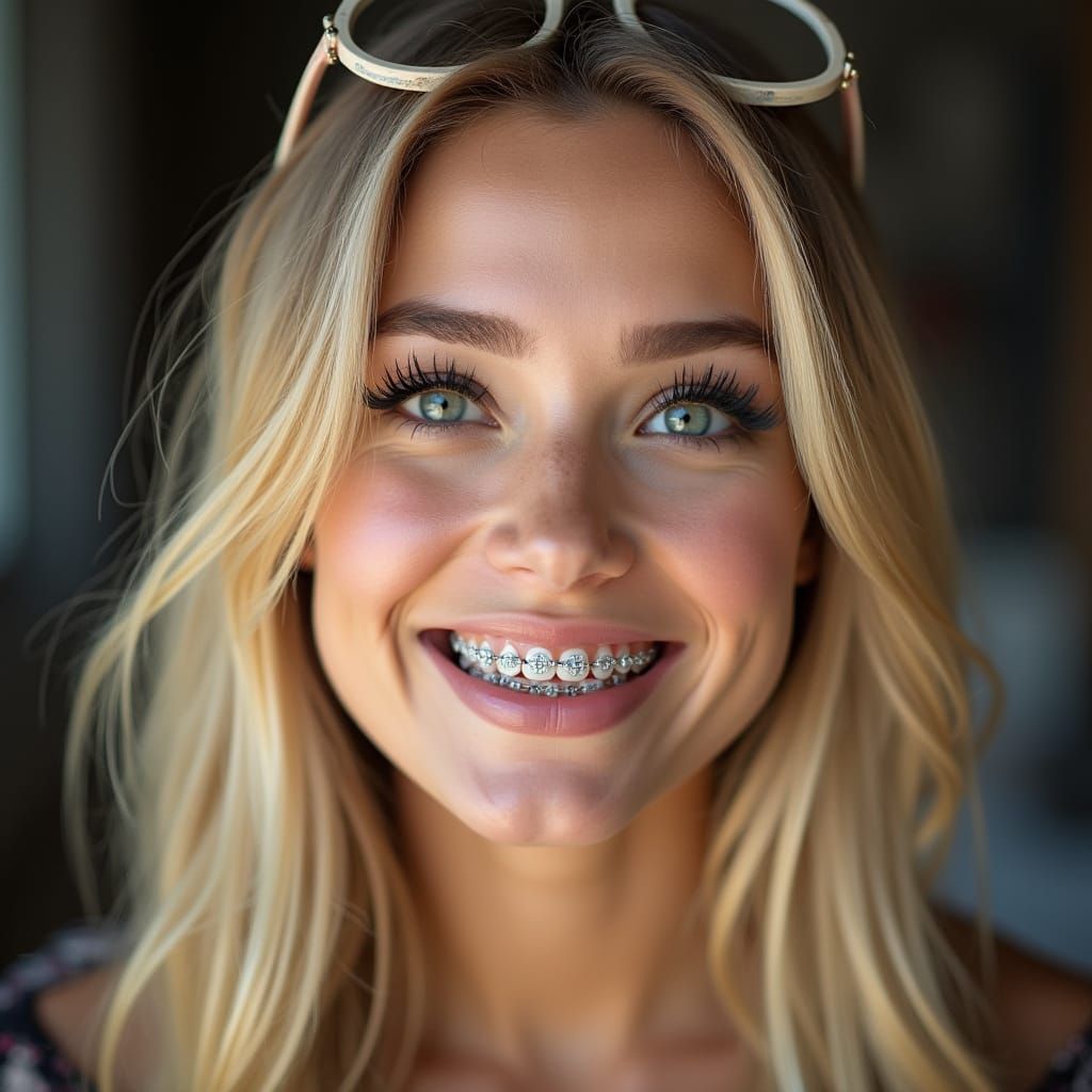 Woman with Braces and Headgear, Close-Up Portrait