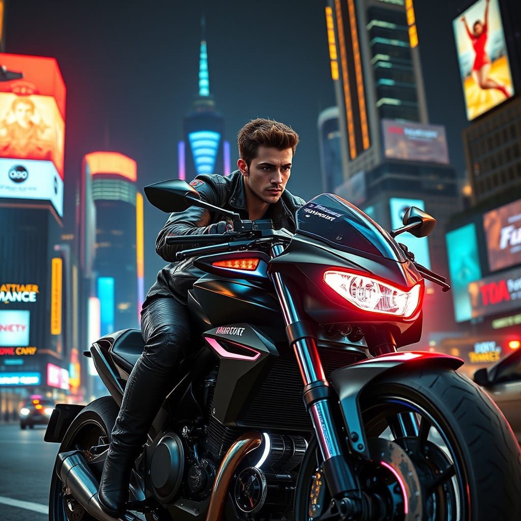 Sleek Futuristic Motorcycle Speeds Through Neon-Lit Cityscap...