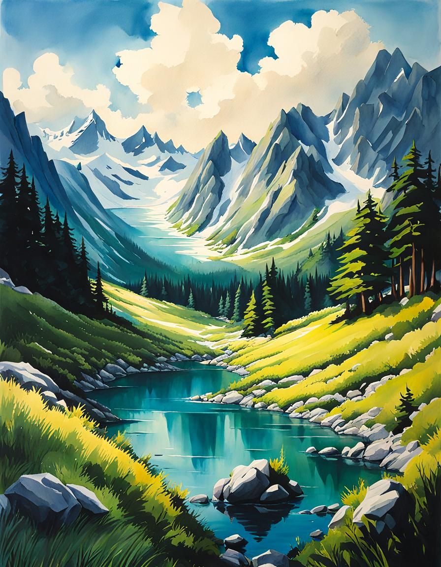 Anime Mountain Valley Landscape in Studio Ghibli Style