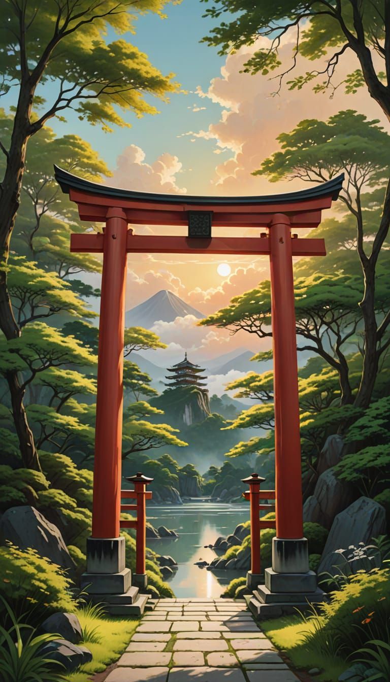 Traditional Japanese Torii Gate in Serene Sunset Landscape