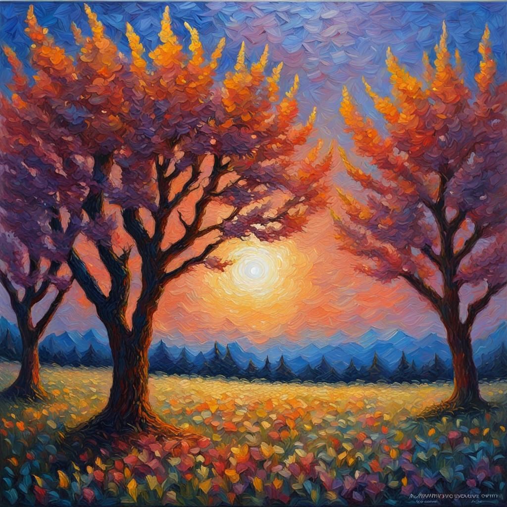 Neo-Impressionist Evening Landscape in Expressionist Style