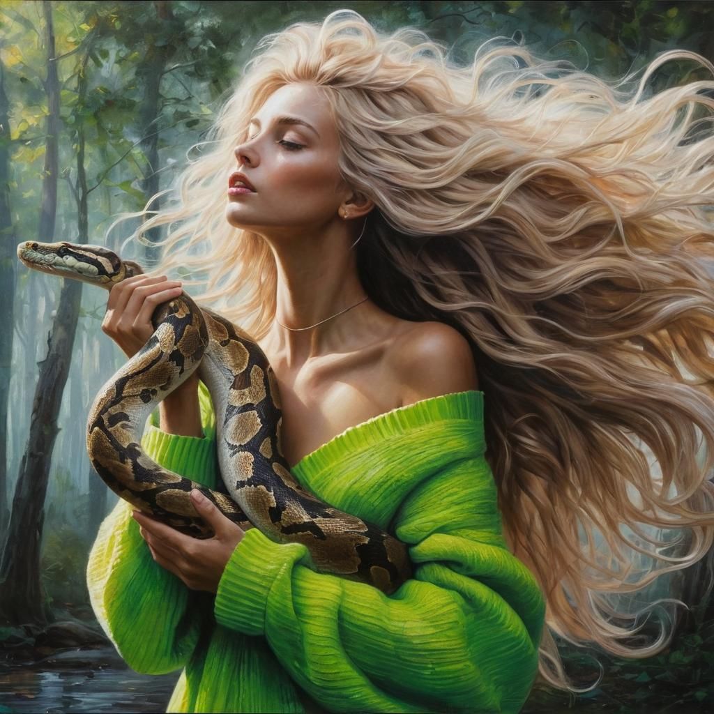 Woman with Python in Forest, Impasto Oil Painting