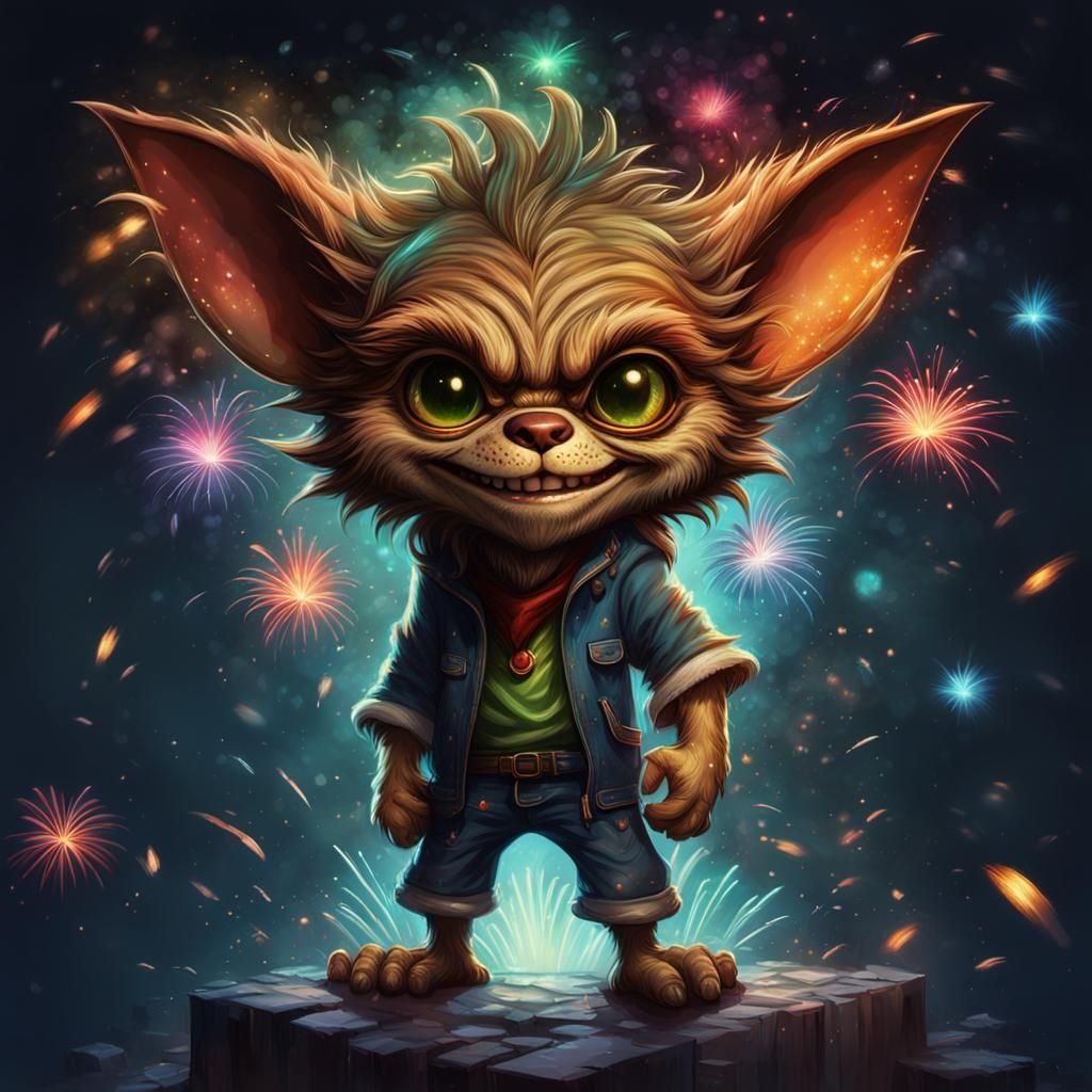 Gremlin Smiles Amidst Hyperrealistic Fireworks Display
